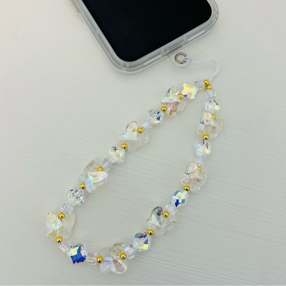 Beaded hand-held lanyard chain, phone wristlet strap  white butterfly